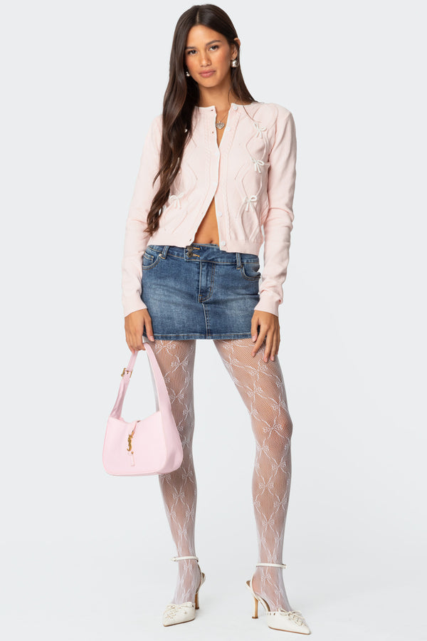 Edikted Contrast Bow Knit Cardigan Light Pink