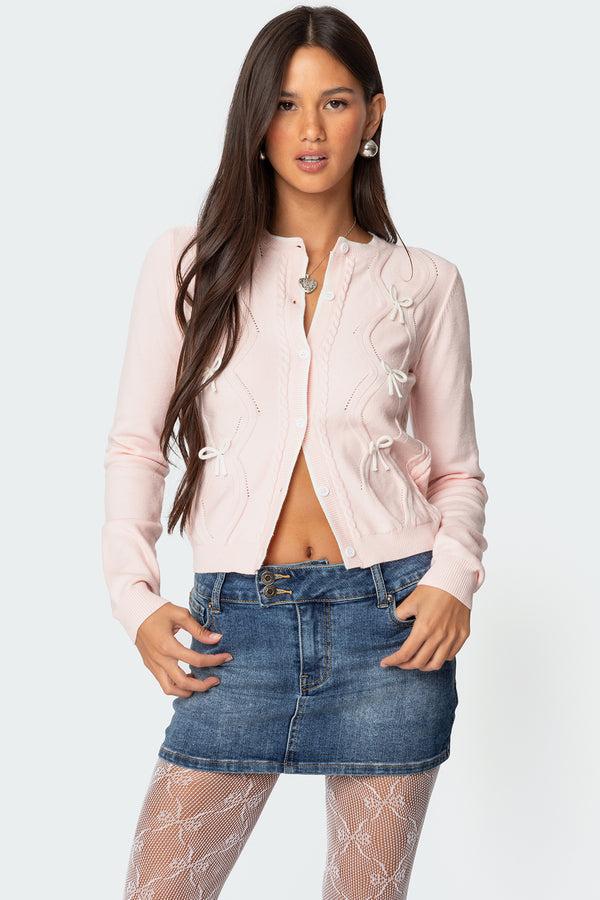 edikted Contrast Bow Knit Cardigan light pink