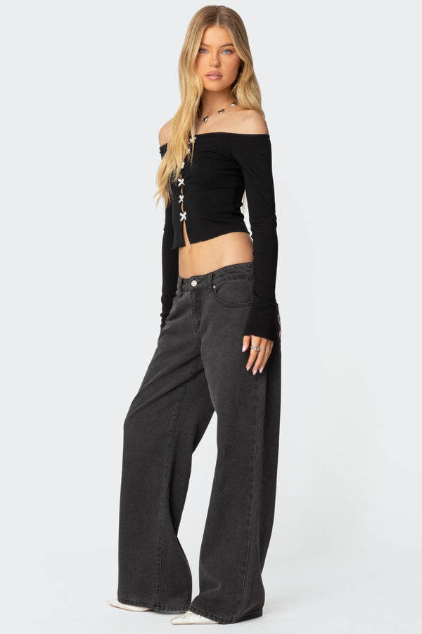 Edikted Contrast Bow Off Shoulder Top Black