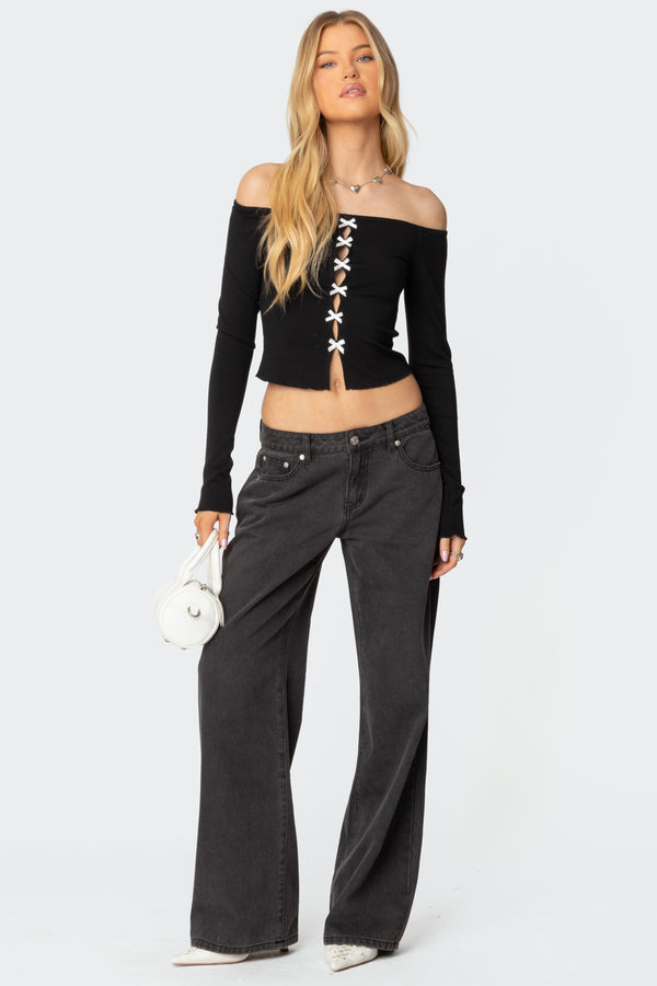 Edikted Contrast Bow Off Shoulder Top Black