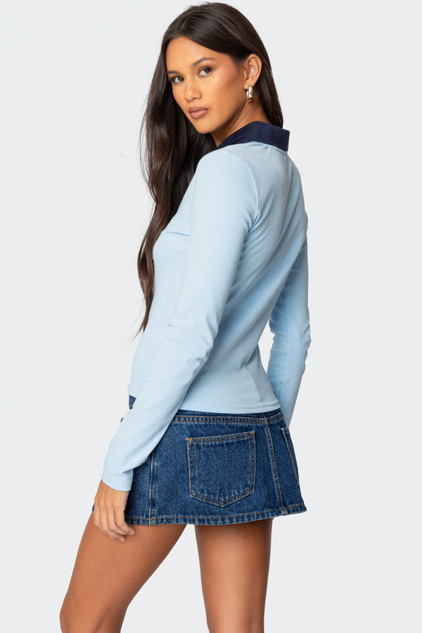 Edikted Contrast Bow Polo Top Light Blue