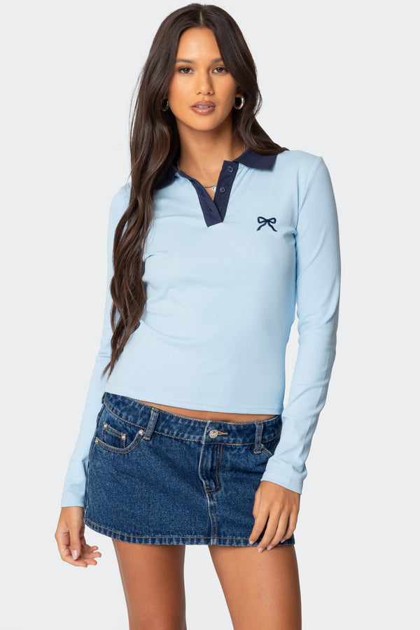 edikted Contrast Bow Polo Top light blue