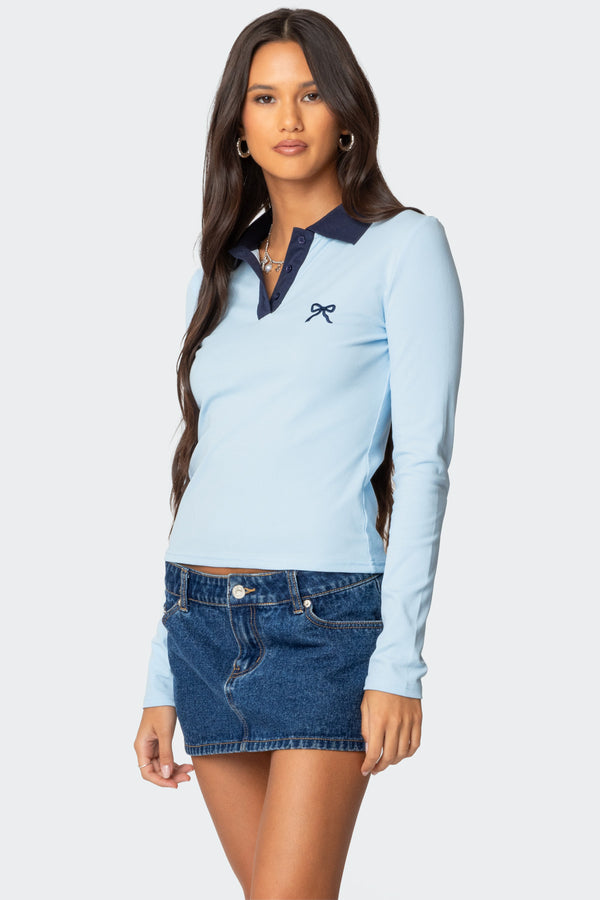 Edikted Contrast Bow Polo Top Light Blue