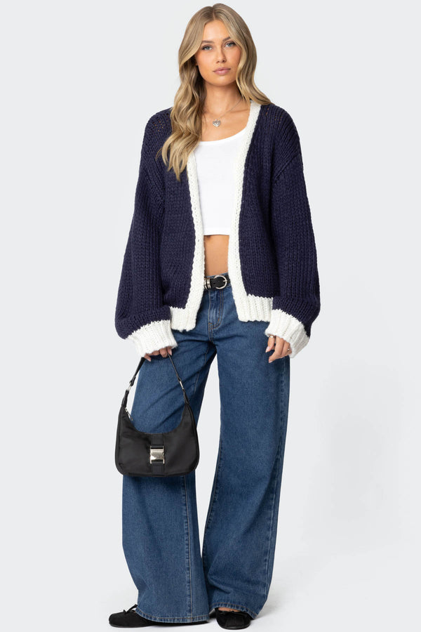Edikted Contrast Chunky Knit Cardigan Navy