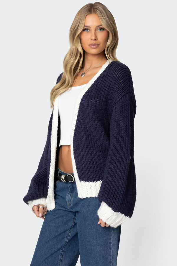 Edikted Contrast Chunky Knit Cardigan Navy