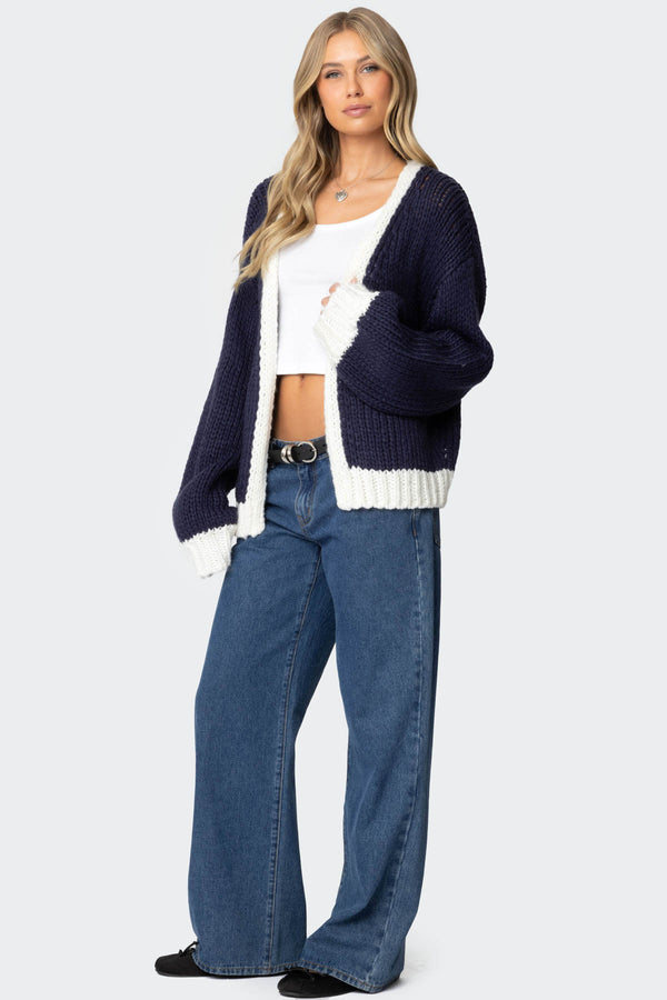 Edikted Contrast Chunky Knit Cardigan Navy