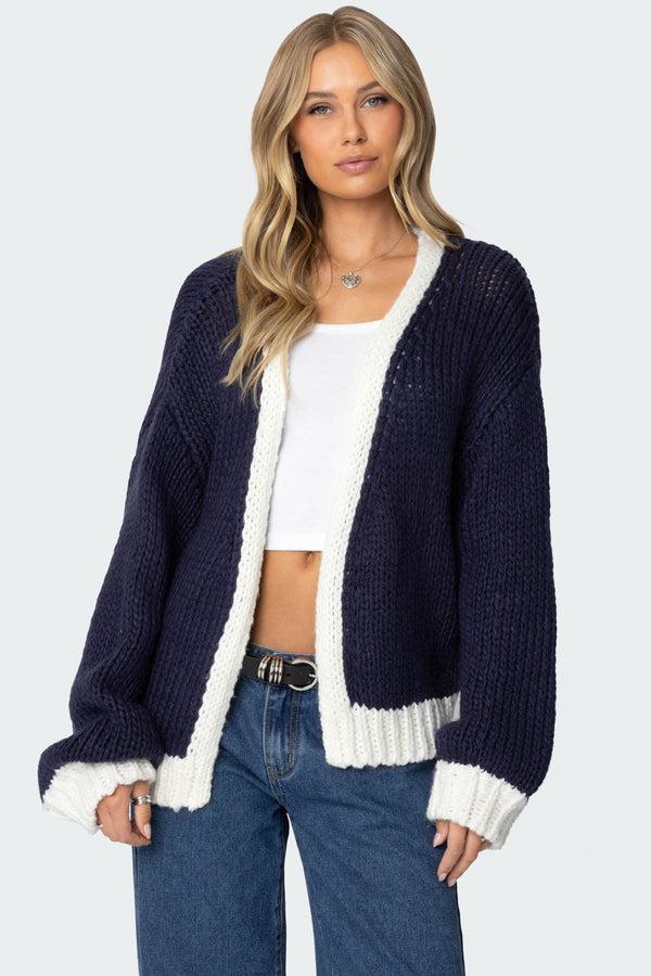 edikted Contrast Chunky Knit Cardigan navy
