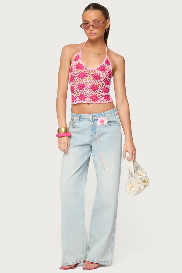 Edikted Contrast Floral Crochet Halter Top Pink
