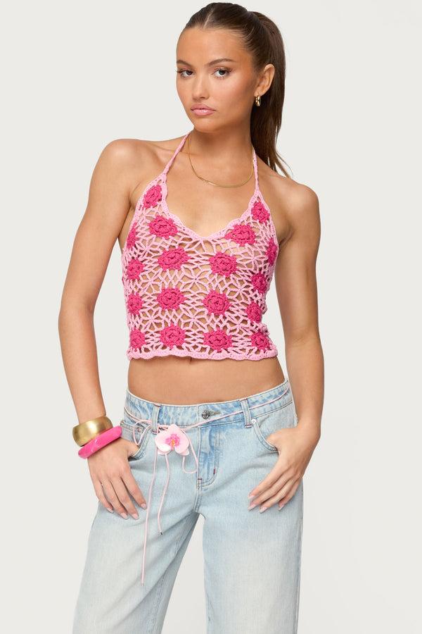 edikted Contrast Floral Crochet Halter Top pink