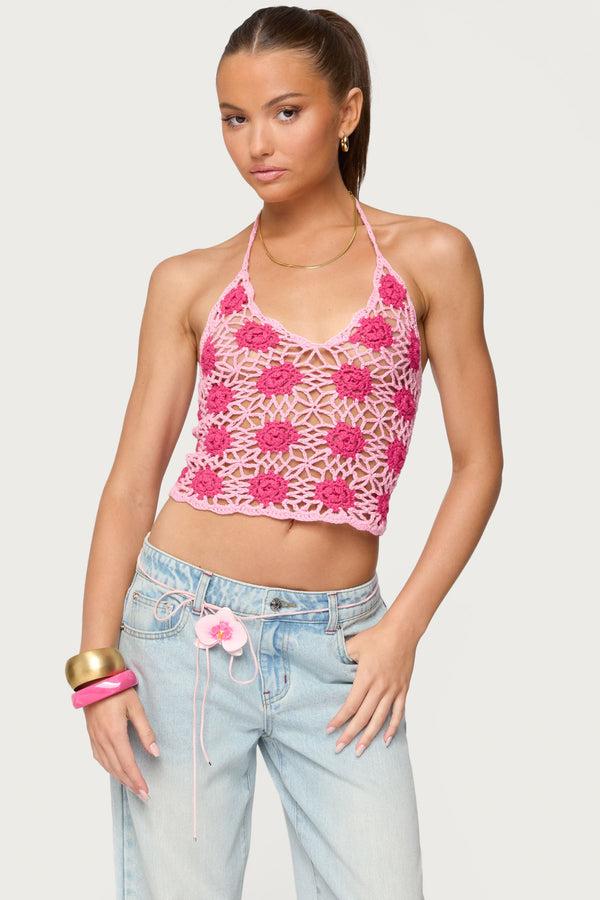 Edikted Contrast Floral Crochet Halter Top Pink