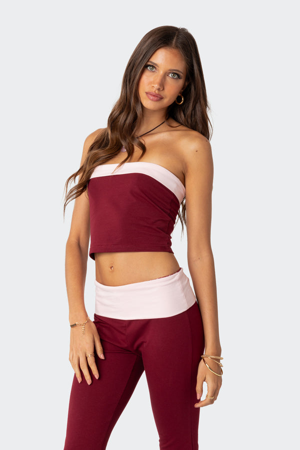 Edikted Contrast Fold Over Tube Top Burgundy