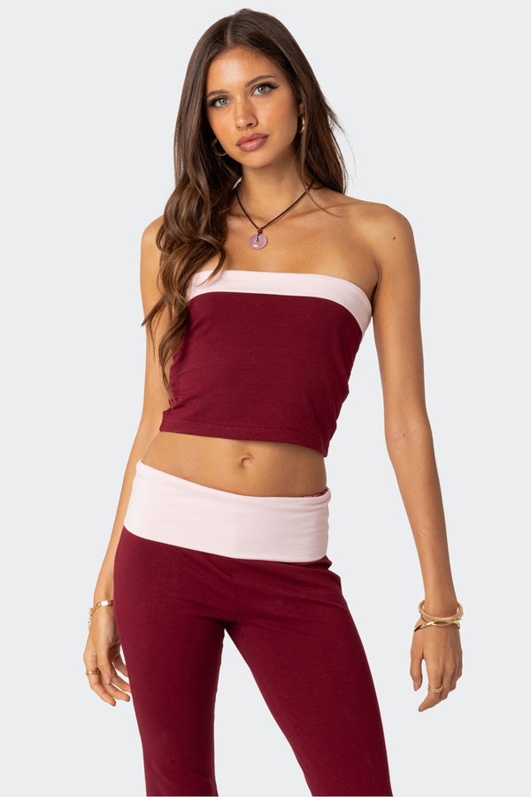 edikted Contrast Fold Over Tube Top burgundy