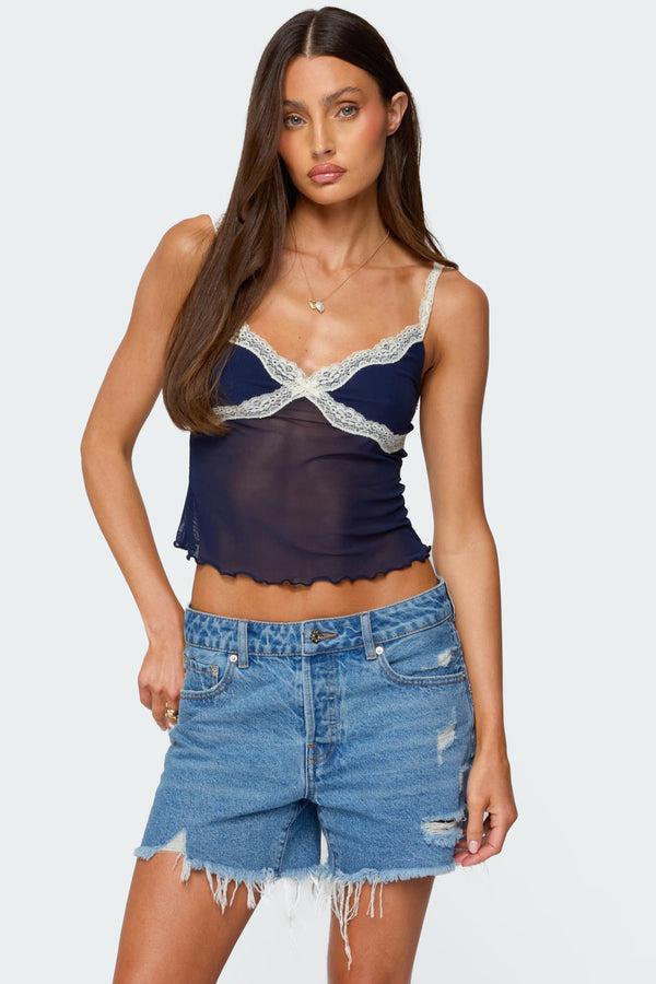 edikted Contrast Lacey Mesh Tank Top navy