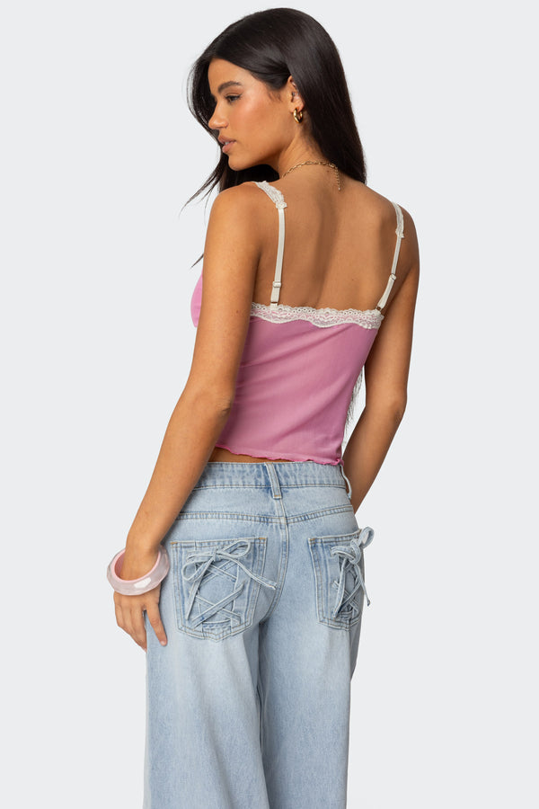 Edikted Contrast Lacey Mesh Tank Top Pink