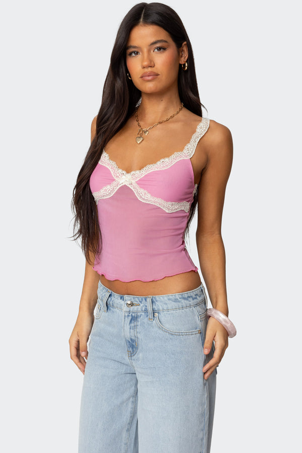 Edikted Contrast Lacey Mesh Tank Top Pink