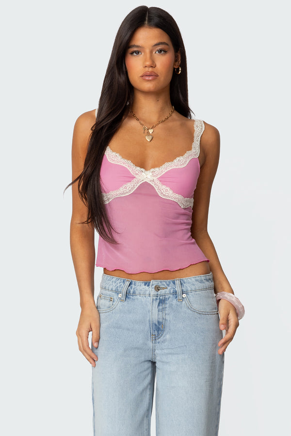 edikted Contrast Lacey Mesh Tank Top pink