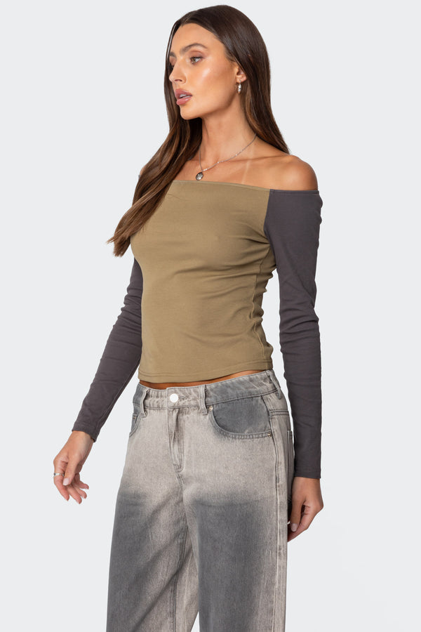 Edikted Contrast Off Shoulder Top Olive