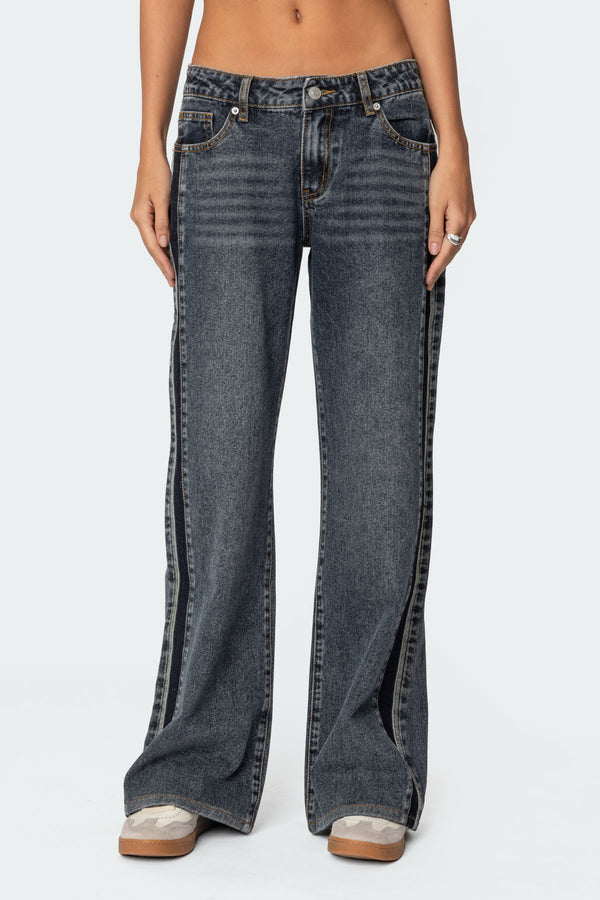 Edikted Contrast Panel Low Rise Jeans Dark Blue