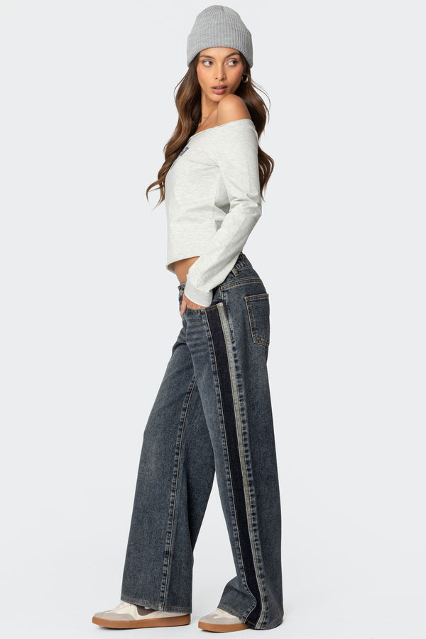 Edikted Contrast Panel Low Rise Jeans Dark Blue