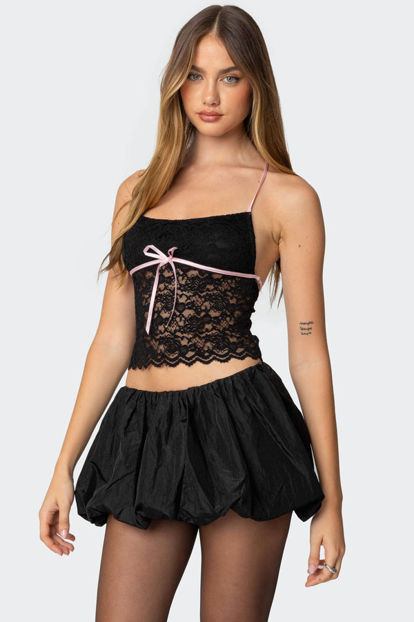 Edikted Contrast Ribbon Lace Halter Top Black