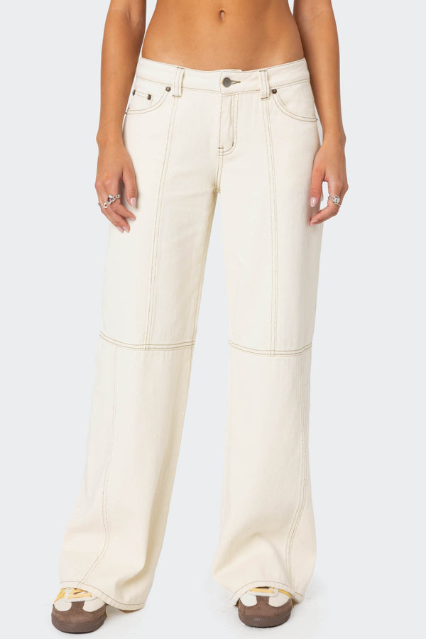 Edikted Contrast Stitch Low Rise Jeans Cream