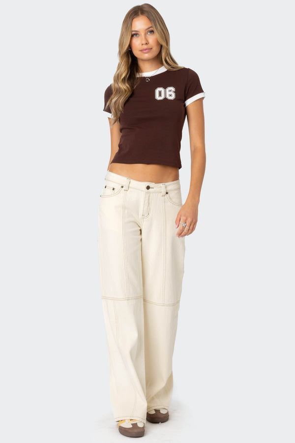 Edikted Contrast Stitch Low Rise Jeans Cream