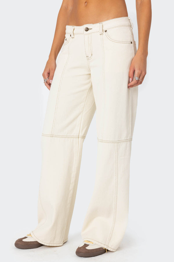 Edikted Contrast Stitch Low Rise Jeans Cream