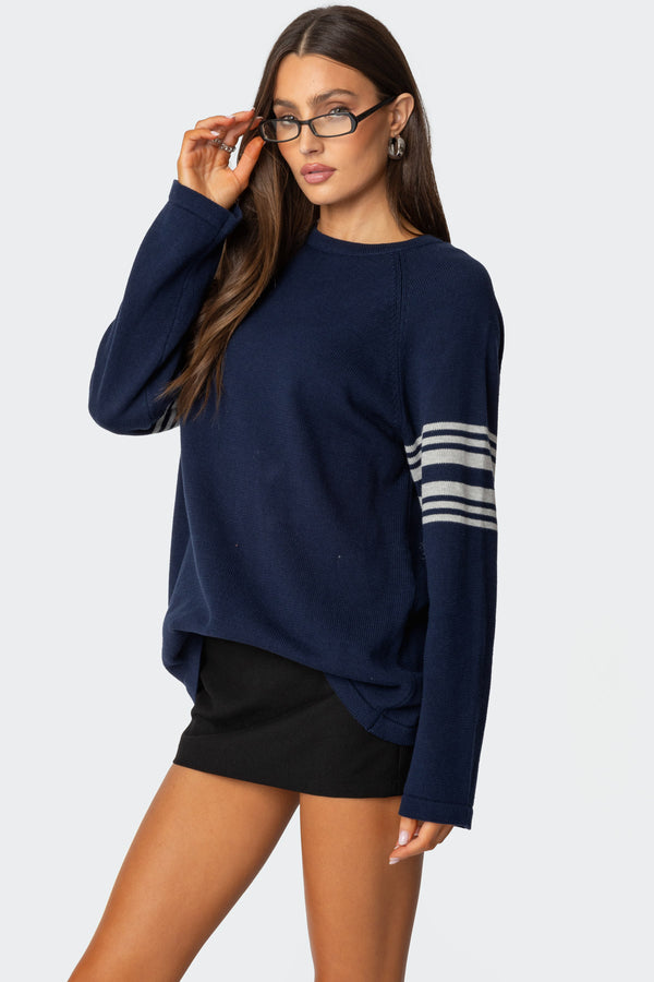 Edikted Contrast Stripe Oversized Knit Top Navy