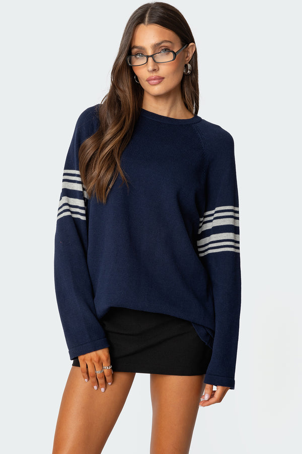 edikted Contrast Stripe Oversized Knit Top navy