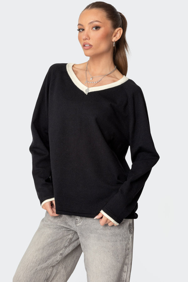 Edikted Contrast V Neck Knit Sweater Black