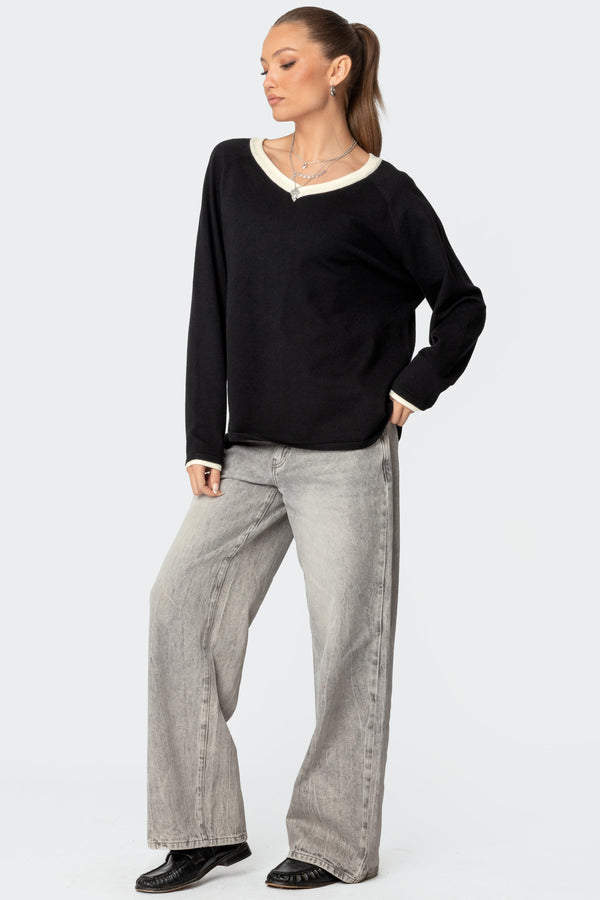 Edikted Contrast V Neck Knit Sweater Black