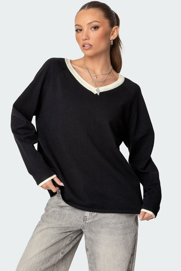 edikted Contrast V Neck Knit Sweater black
