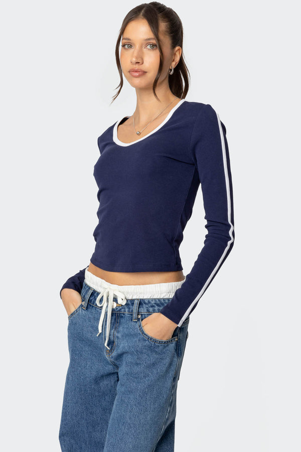 edikted Contrast V Neck Long Sleeve T Shirt navy