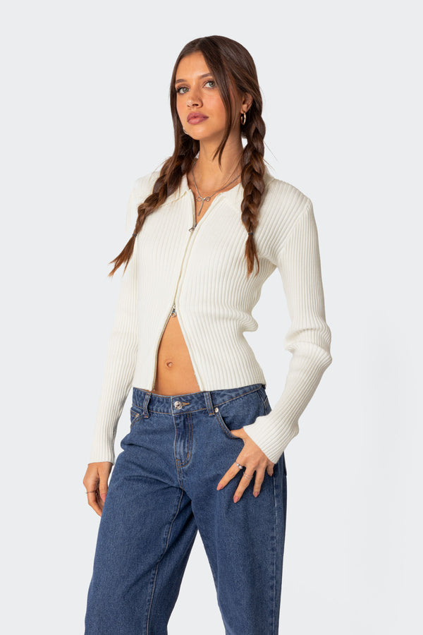 Edikted Cora Knitted Zip Up Cardigan Cream