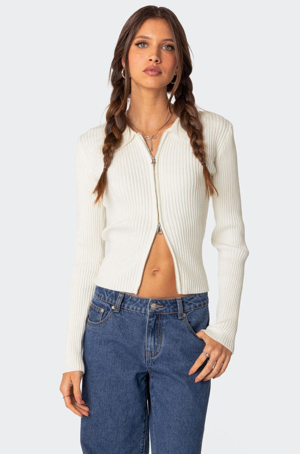 edikted Cora Knitted Zip Up Cardigan cream