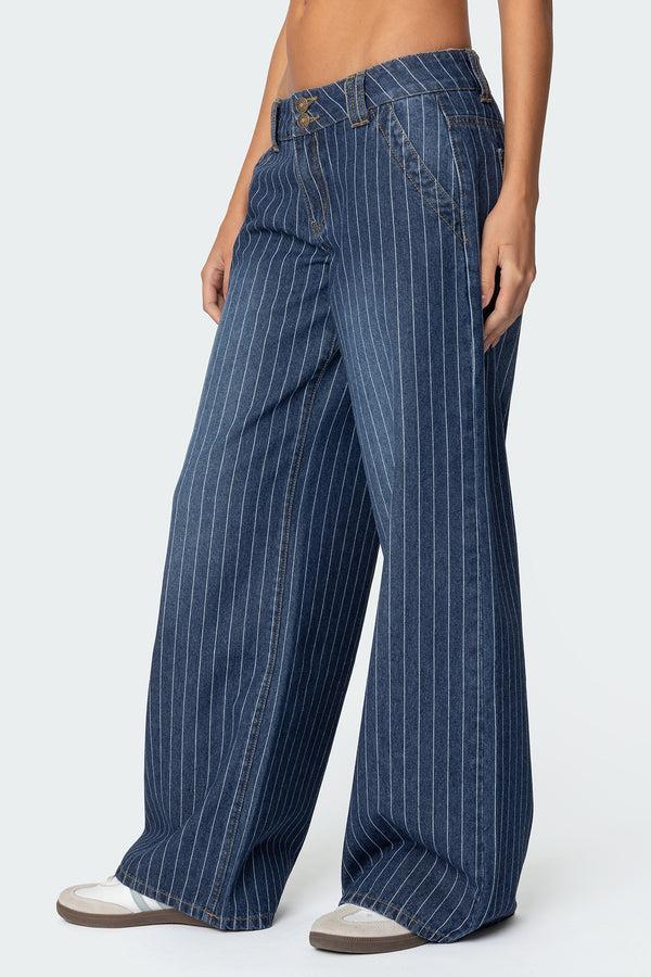 Edikted Cory Striped Low Rise Jeans Blue