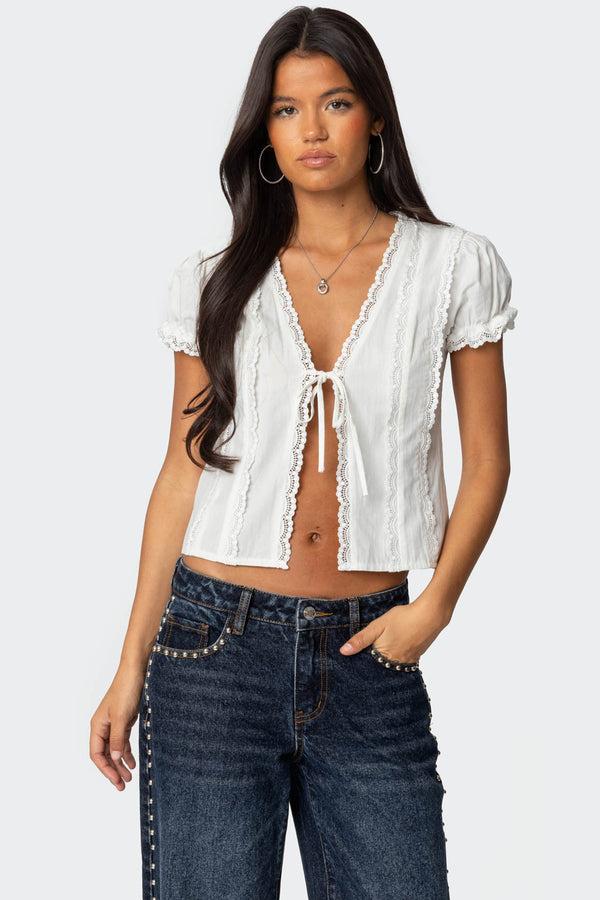 edikted Cotton Lacey Tie Front Top white
