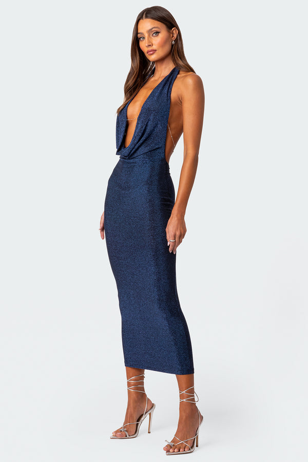 Edikted Cowl Neck Open Back Maxi Dress Navy