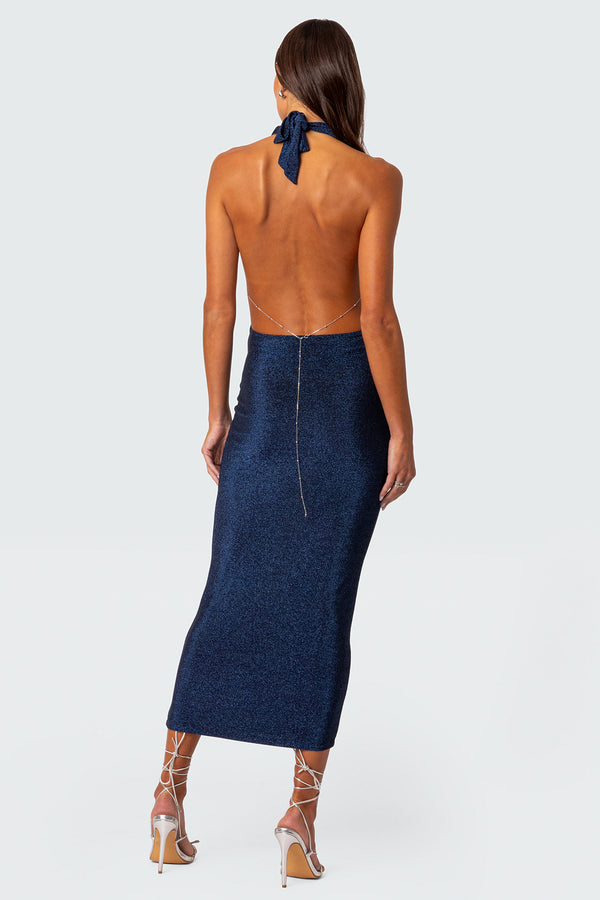 Edikted Cowl Neck Open Back Maxi Dress Navy