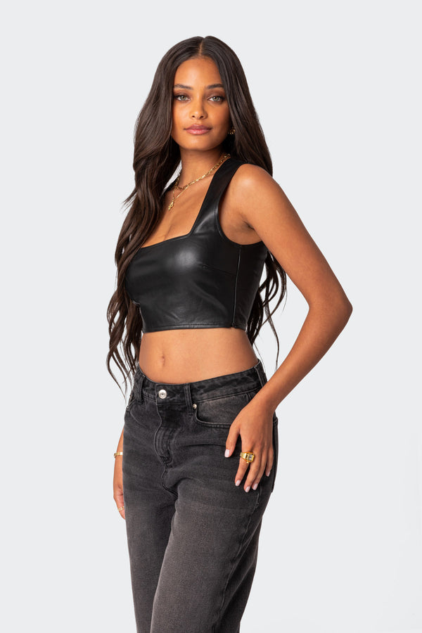 Edikted Crescent Faux Leather Crop Top Black