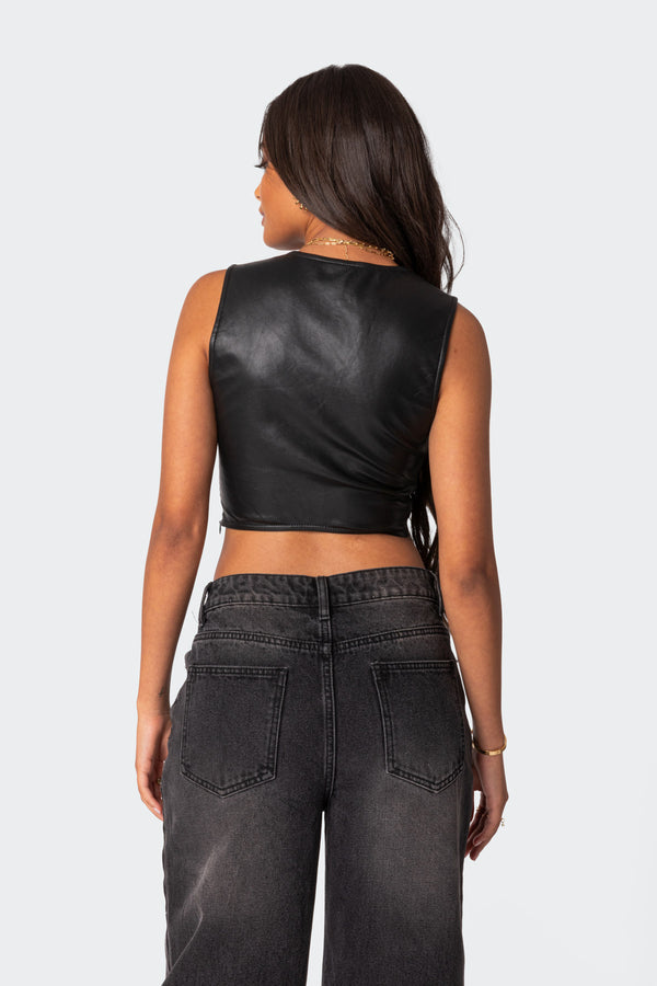 Edikted Crescent Faux Leather Crop Top Black