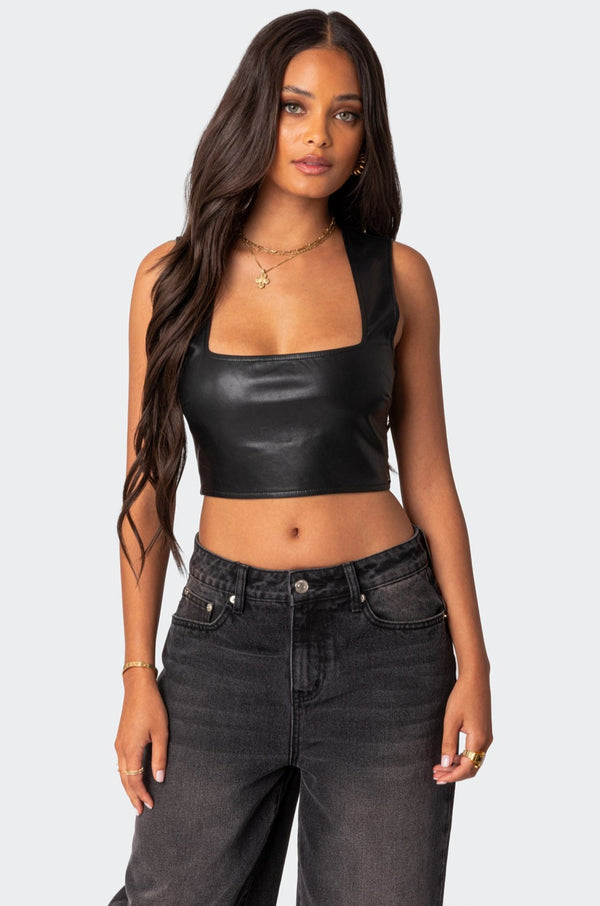 edikted Crescent Faux Leather Crop Top black