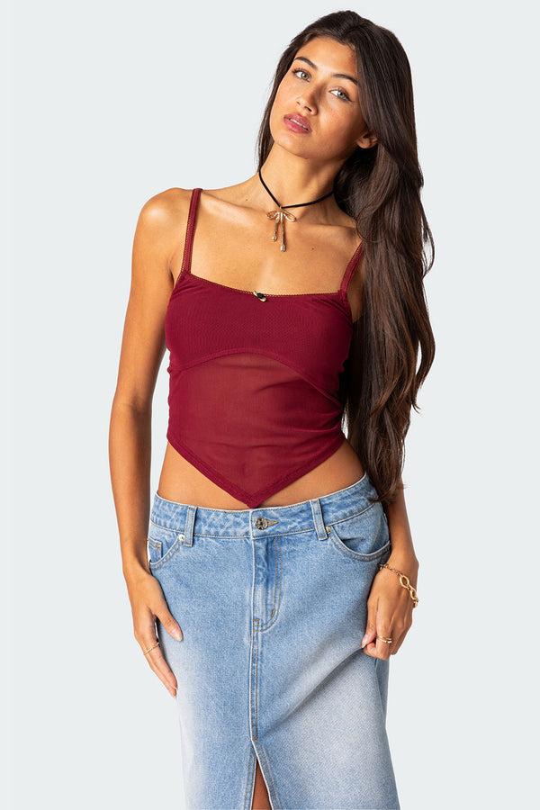 edikted Cressida Sheer Mesh Tank Top burgundy