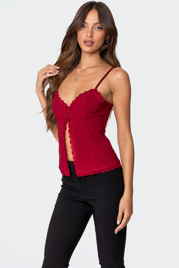 Edikted Crimson Lacey Split Front Top Burgundy