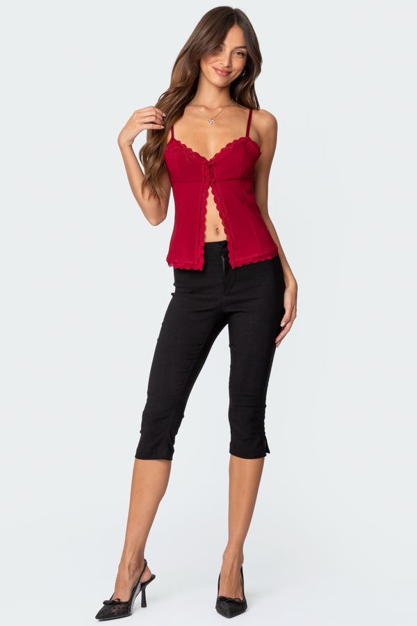 Edikted Crimson Lacey Split Front Top Burgundy