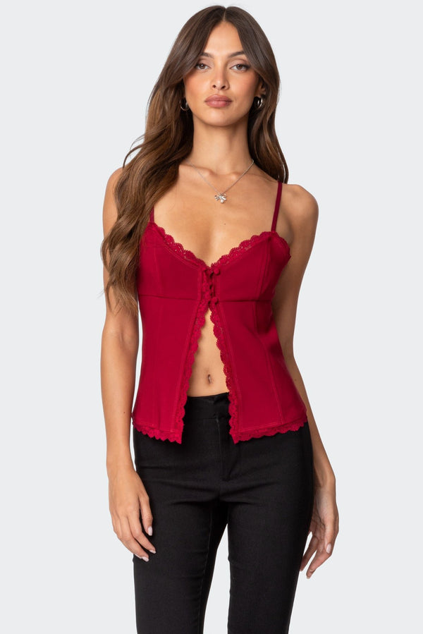 edikted Crimson Lacey Split Front Top burgundy