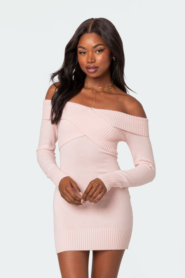 Edikted Criss Cross Knit Mini Dress Light Pink