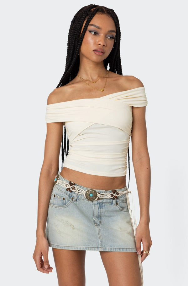 edikted Crisscross Off Shoulder Top cream