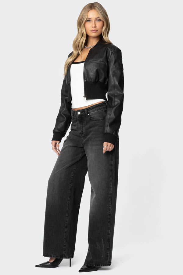 Edikted Cropped Faux Leather Bomber Jacket Black