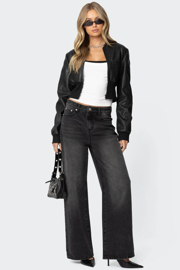 Edikted Cropped Faux Leather Bomber Jacket Black
